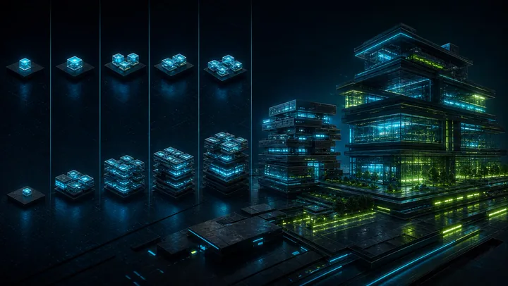 Blocos luminosos de respiração formando uma trajetória de progresso